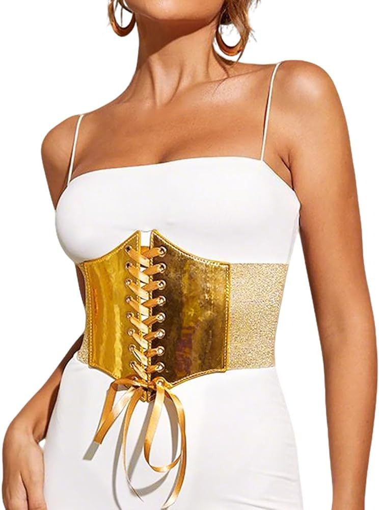 Tgirls Women Corset Belt Gold Waist Corset Belts Sexy Cinch Elastic Wide Belt for Dress Costume W... | Amazon (US)