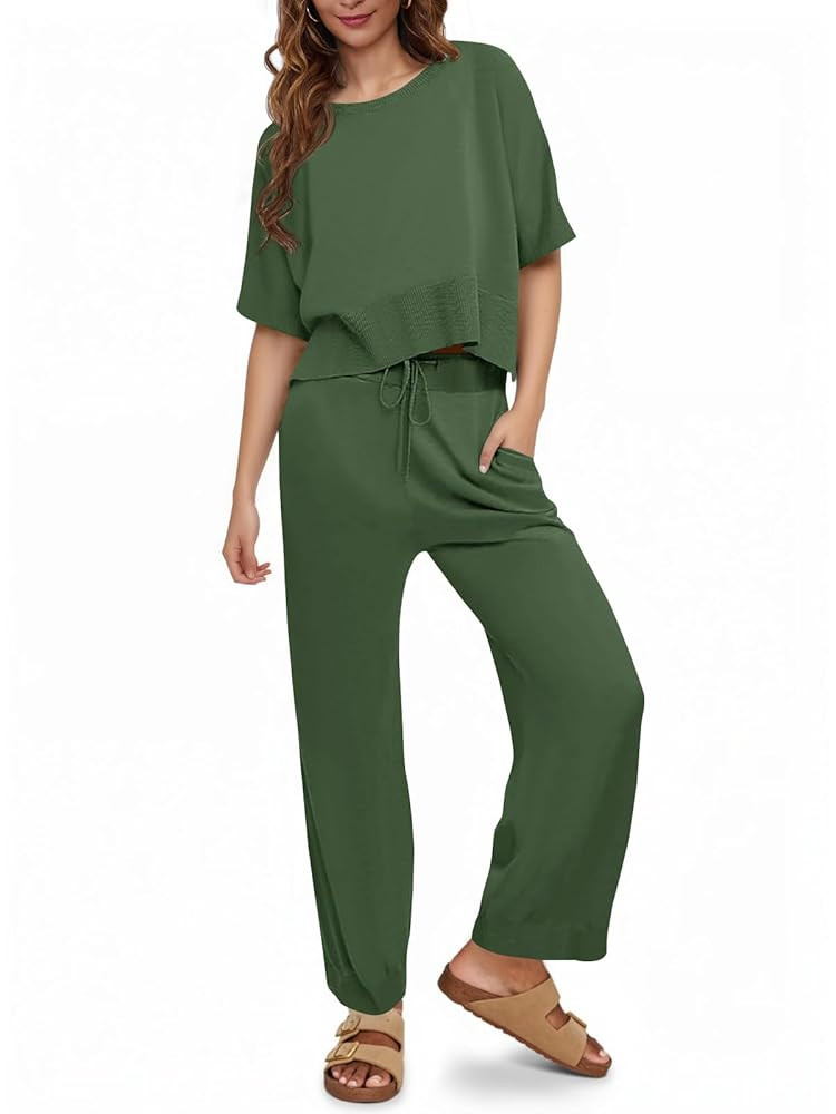 Fisoew Womens 2 Piece Outfits Sweater Sets Knit Split Crop Tops High Waisted Pants Lounge Set | Amazon (US)