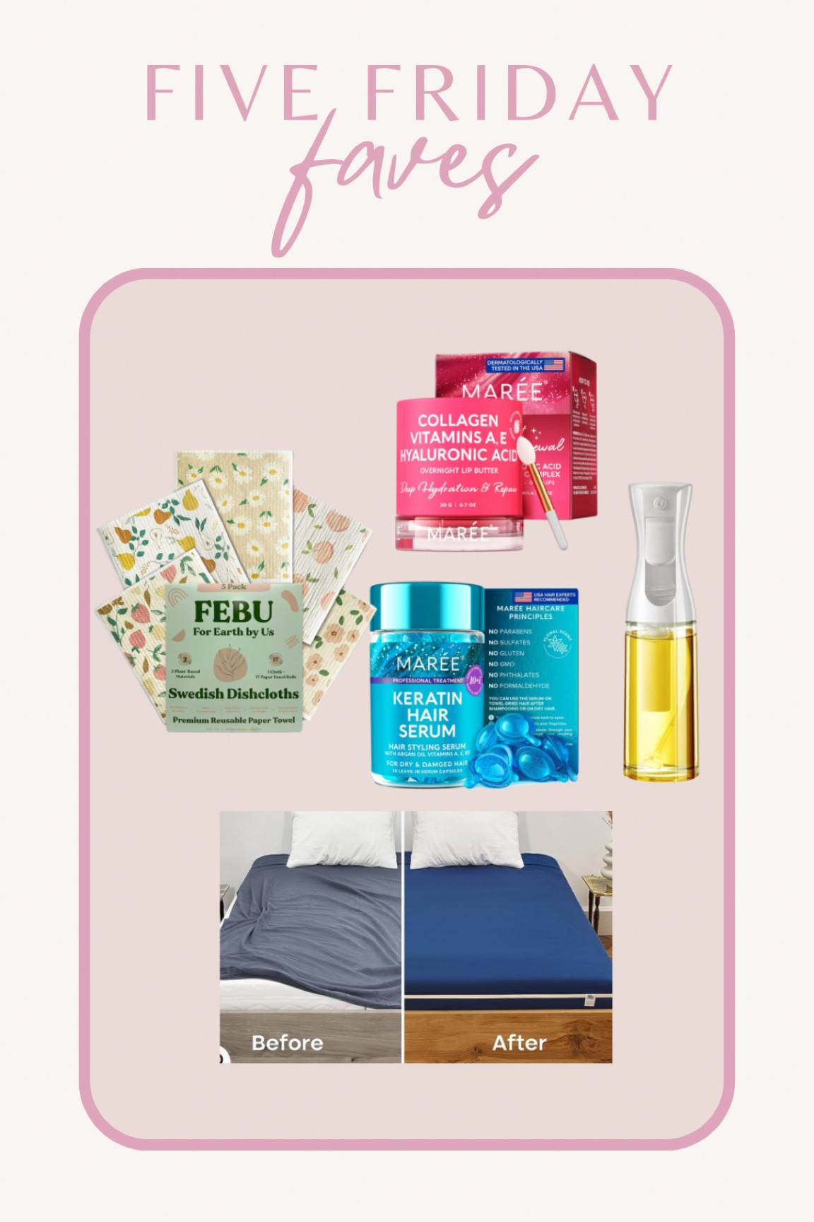 This week’s 5 Friday faves!

•maree lip butter mask
•maree keratin hair serum
•swedish dishcloths, reusable paper towels 
•refillable oil sprayer
•bed sheet holder that actually works!! 


#LTKsalealert #LTKhome
