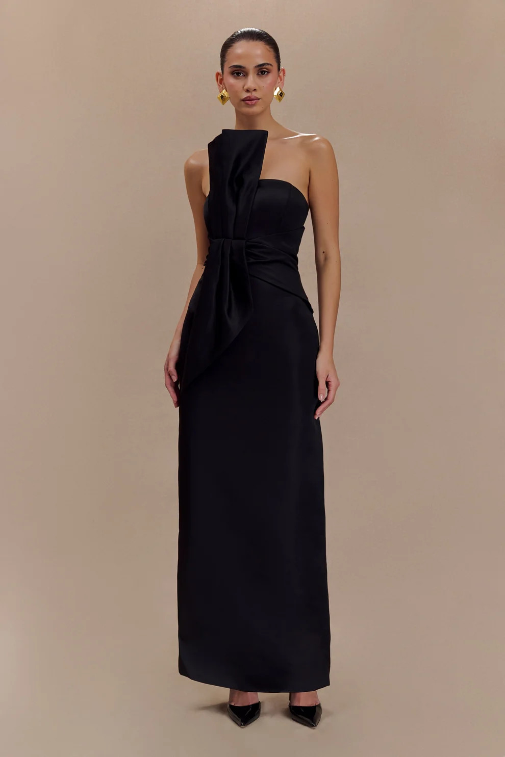 Cyrill Strapless Satin Structured Maxi Dress - Black | MESHKI US