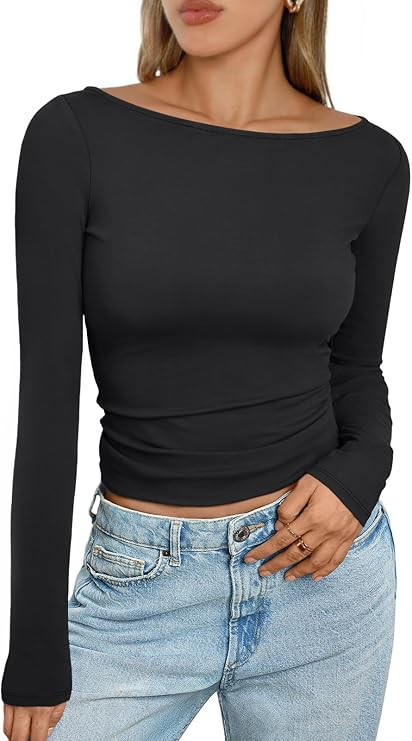 Trendy Queen Women's Boat Neck Tops Long Sleeve Shirts Casual Fitted Tee Shirts Solid Color Fall ... | Amazon (US)