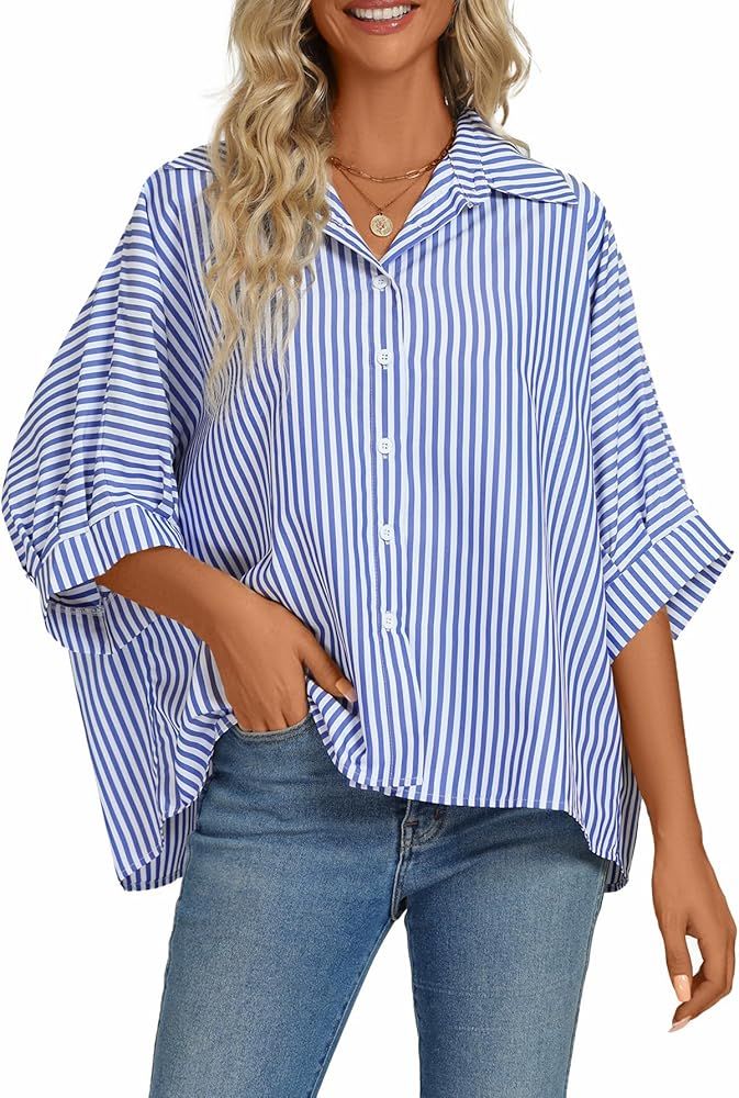 Vrtige Women's Casual Stripe Button Down Collar V Neck Half Sleeve Loose Blouse Shirt Top | Amazon (US)