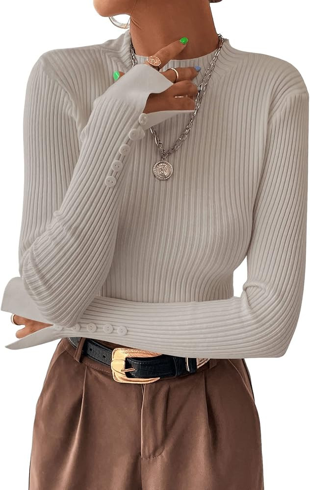 SweatyRocks Women's Long Sleeve Split Cuff Cropped Sweater Mock Neck Ribbed Knit Pullover Crop To... | Amazon (US)