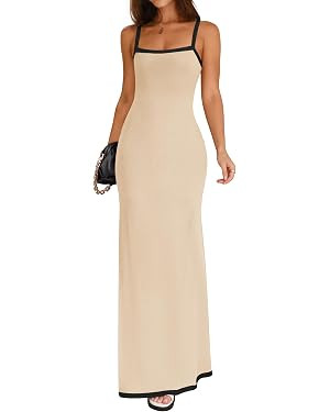 ZESICA Women's Summer Spaghetti Strapes Maxi Dress 2024 Sleeveless Square Neck Contrast Ribbed Kn... | Amazon (US)