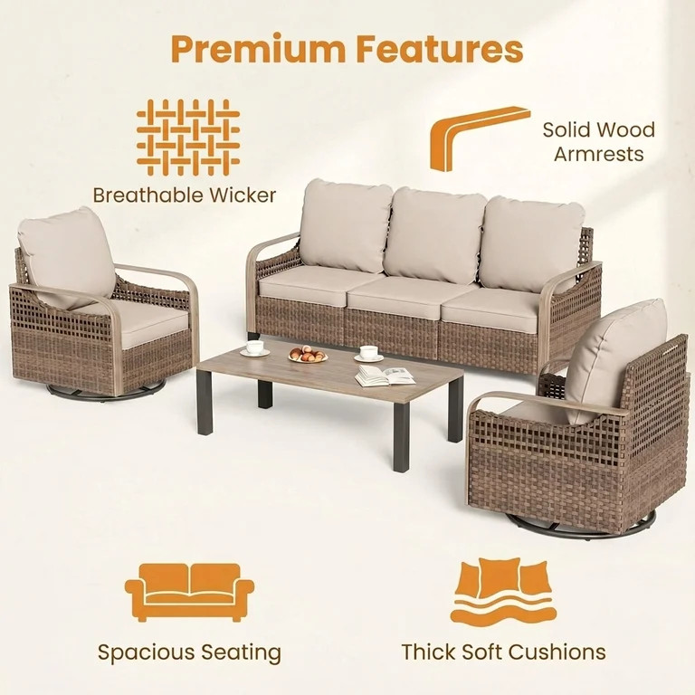 Poteban Outdoor Patio All Weather Wicker Furniture Sets,with Coffee Table, Sofa, Swivel Rocking C... | Walmart (US)