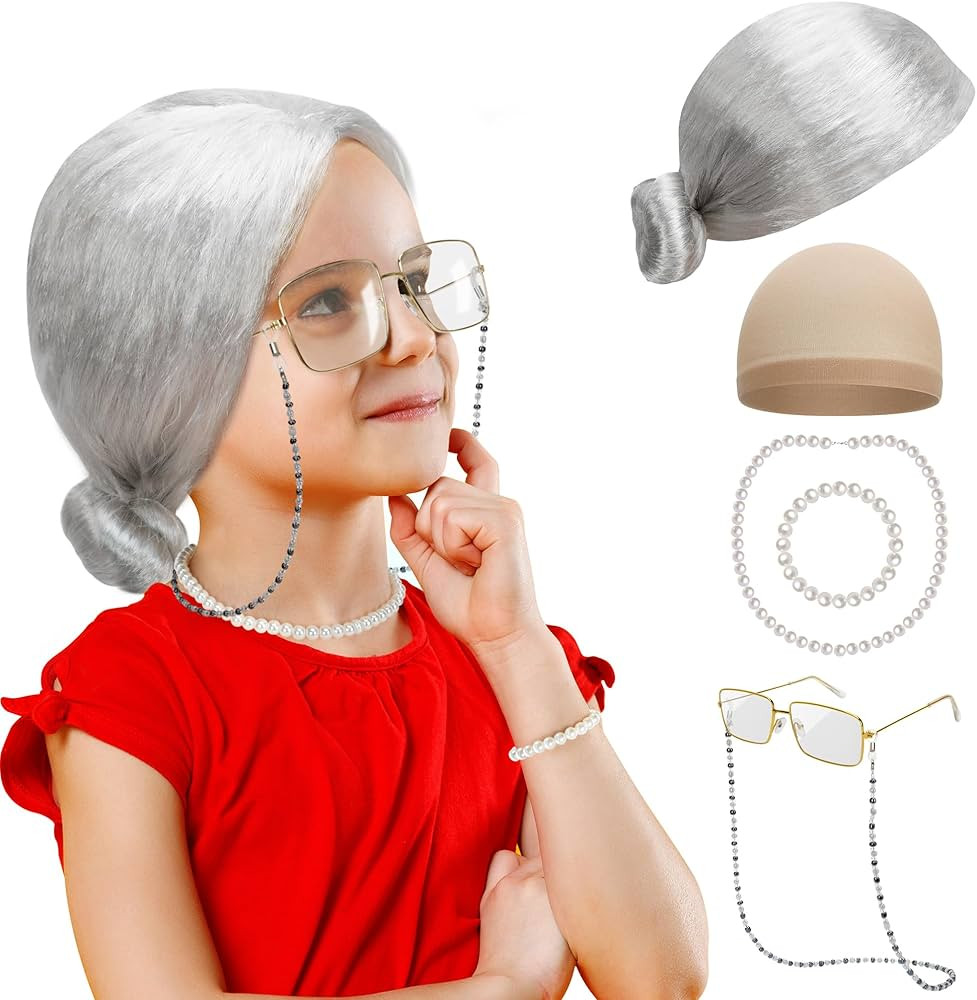 100 Days of School Costume, Old Lady Cosplay Silver Bun Wig Glasses Wig Cap Pearl Necklace Bracel... | Amazon (US)