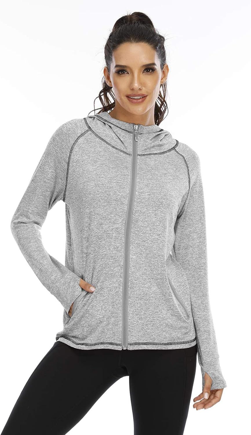 Koscacy Womens Full Zip Athletic Running Hooded Jackets Yoga Lightweight Hoodie with Thumb Holes ... | Amazon (US)