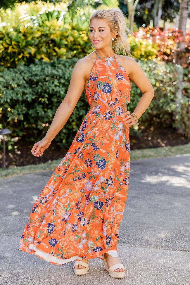 Always On The Sunny Side Orange Floral Halter Maxi Dress | Pink Lily