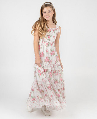 Girls' 7-16 Floral Chiffon Smocked Ruffle Dress | Macy's