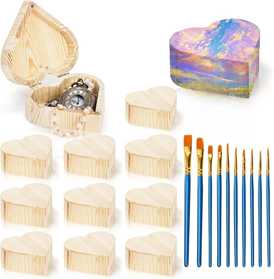 Acshio 12 Pack Unfinished Wood Heart Box, Unpainted DIY Treasure Chest with 10 Pcs Paint Brushes,... | Amazon (US)