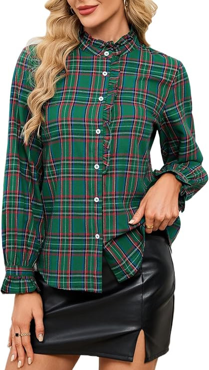 Womens Long Sleeve Plaid Shirt Ruffled Collar Casual Tops Button Down Lightweight Blouse | Amazon (US)
