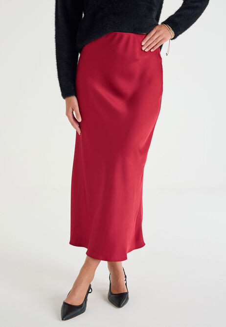 Womens Red Plain Satin Midi Skirt | Peacocks