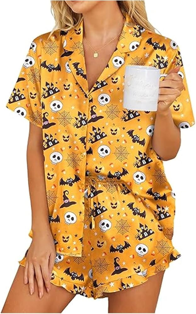 Tenopuli Women Halloween Satin Pajama Shorts Set Cute Print Button Up Shirt Lounge Shorts Outfits... | Amazon (US)