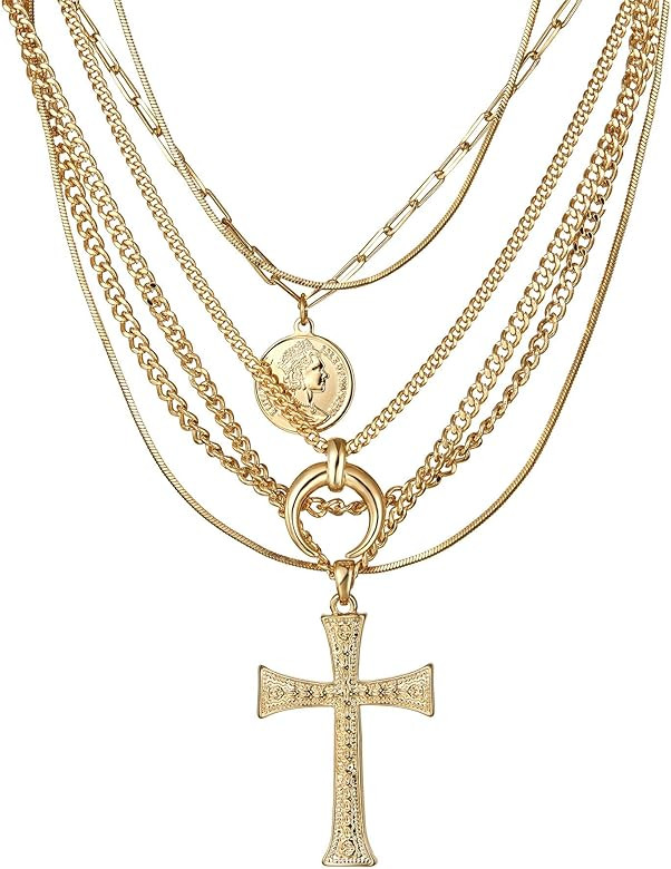 ACC PLANET Gold Layered Necklace for Women, 14K Gold Plated Coin Cross Pendant Necklace Chunky Ch... | Amazon (US)