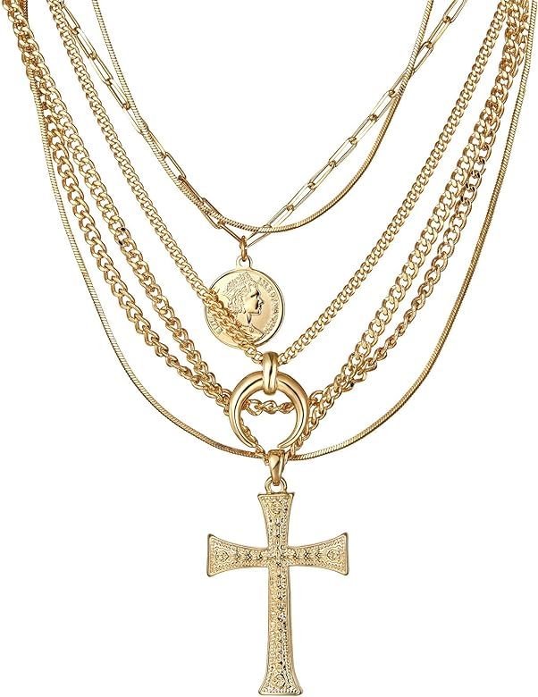 ACC PLANET Gold Layer Necklace Set 6PCS Gold Plated Multilayer Chain Moon Cross Coin Pendant Moth... | Amazon (US)