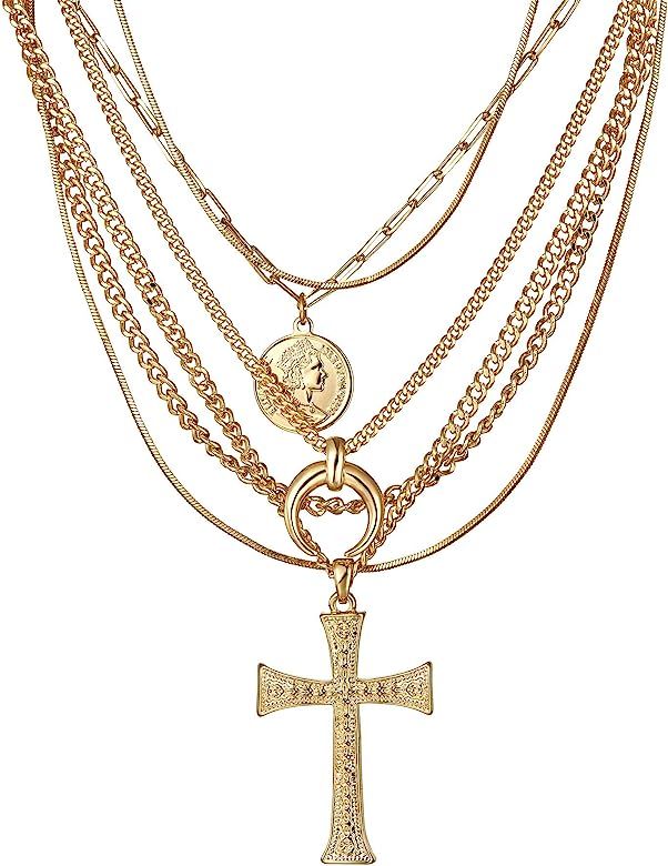 ACC PLANET Gold Layer Necklace Set 6PCS Gold Plated Multilayer Chain Moon Cross Coin Pendant Moth... | Amazon (US)