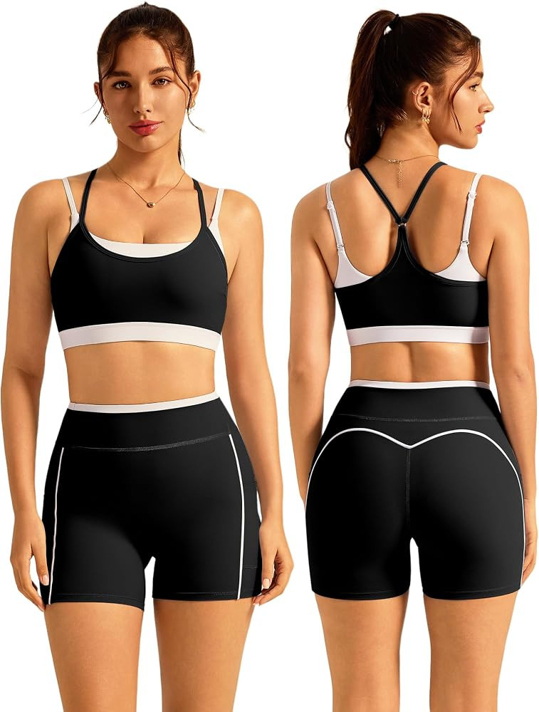 ABOCIW Workout Sets for Women Doubel Layer Racerback Sports Bra High Waist Gym Shorts with Pocket... | Amazon (US)