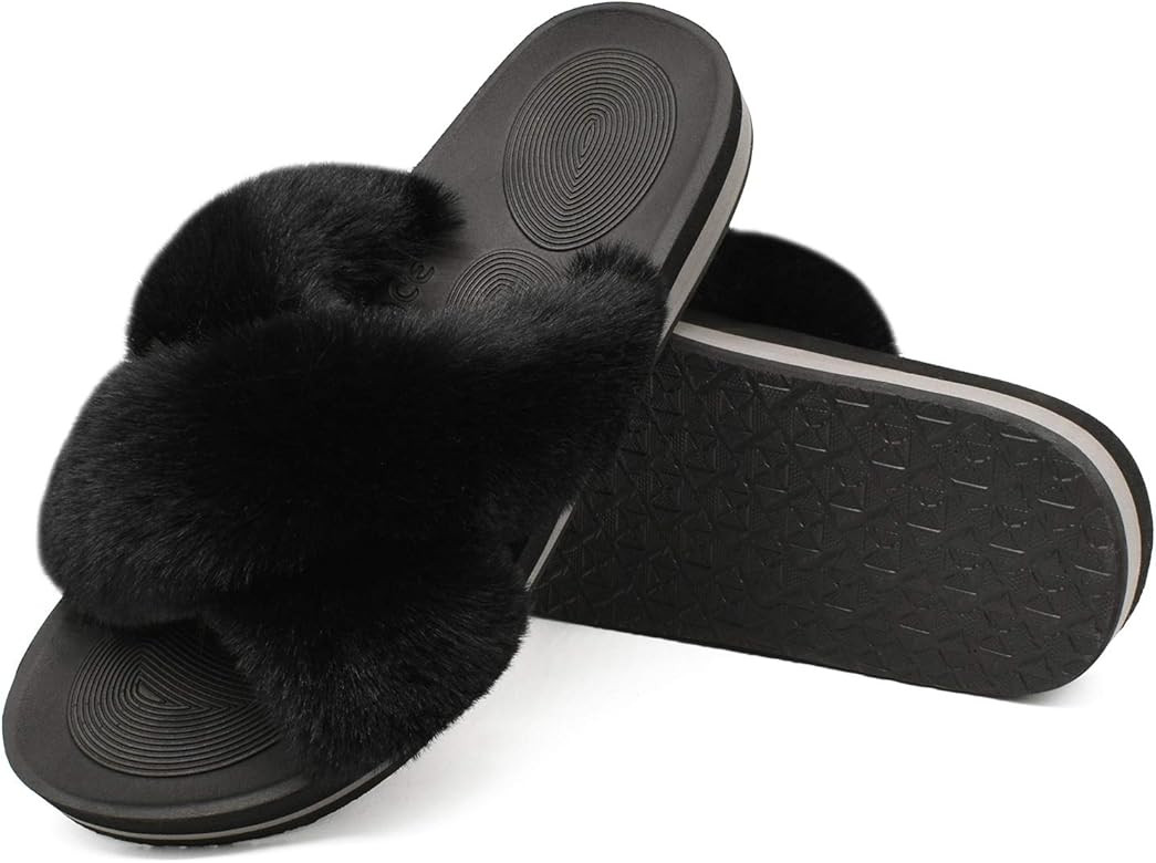 COFACE Womens Fuzzy Slides Fluffy Faux Fur House Slippers Open Toe Slip On Sandals Cozy Soft Yoga Ma | Amazon (US)