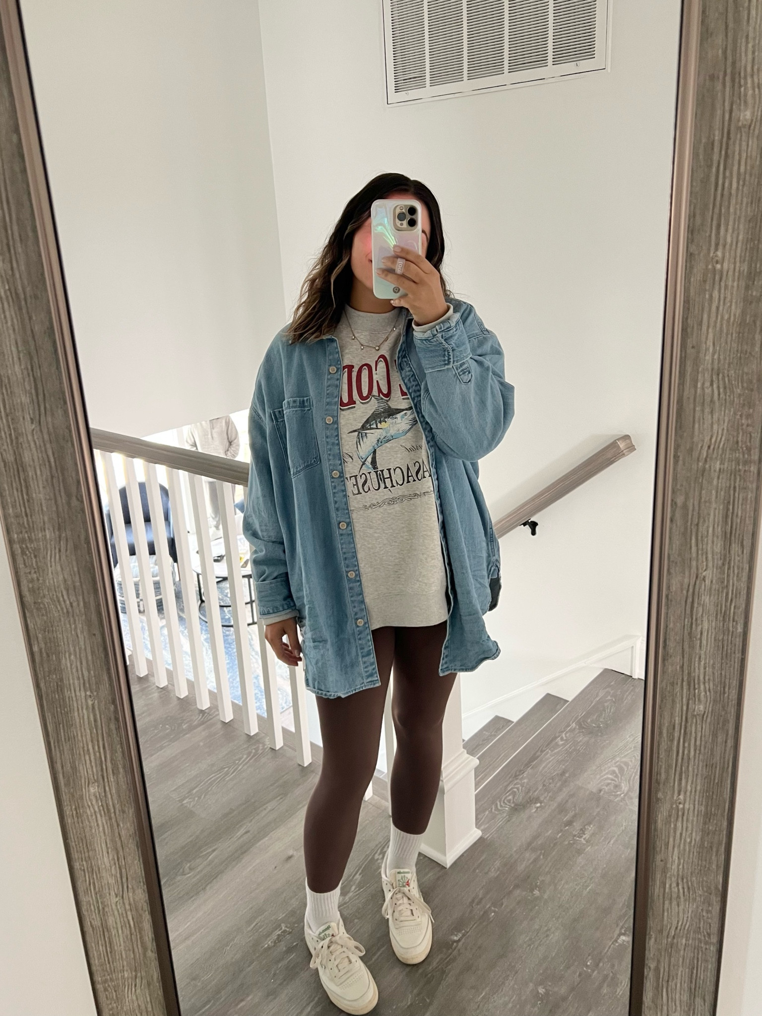 Comfy outfit idea - Abercrombie graphic sweater paired with denim button down from aerie (TTS - M), my fave real me leggings from Aerie (TTS - M), and my comfy Reebok sneakers (7.5)

#LTKfit #LTKSeasonal #LTKFind