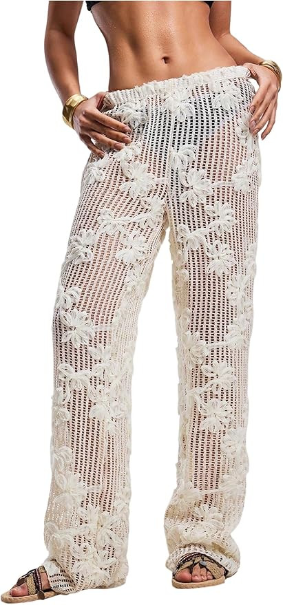 GORGLITTER Women's Flower Crochet Swimsuit Coverup Pants Summer Beach Vacation Low Waisted Knit S... | Amazon (US)