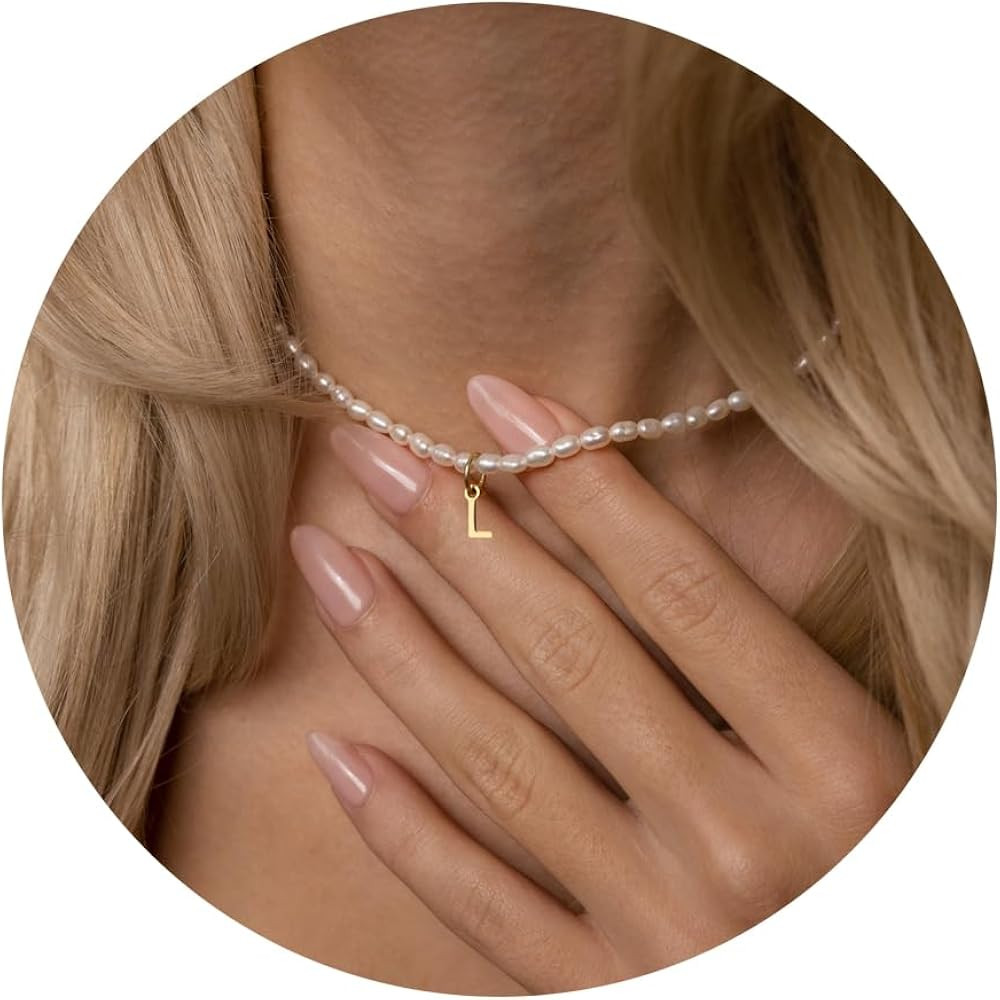 LUCA SMITH Initial Freshwater Pearl Choker Necklace for Women, 14K Gold Plated Baroque Dainty Pea... | Amazon (US)
