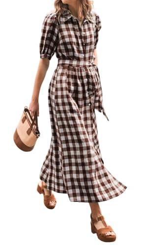 CHARTOU Women Summer Plaid Puff Short Sleeve Dress Button Down Long Shirt Dress with Belt | Amazon (US)