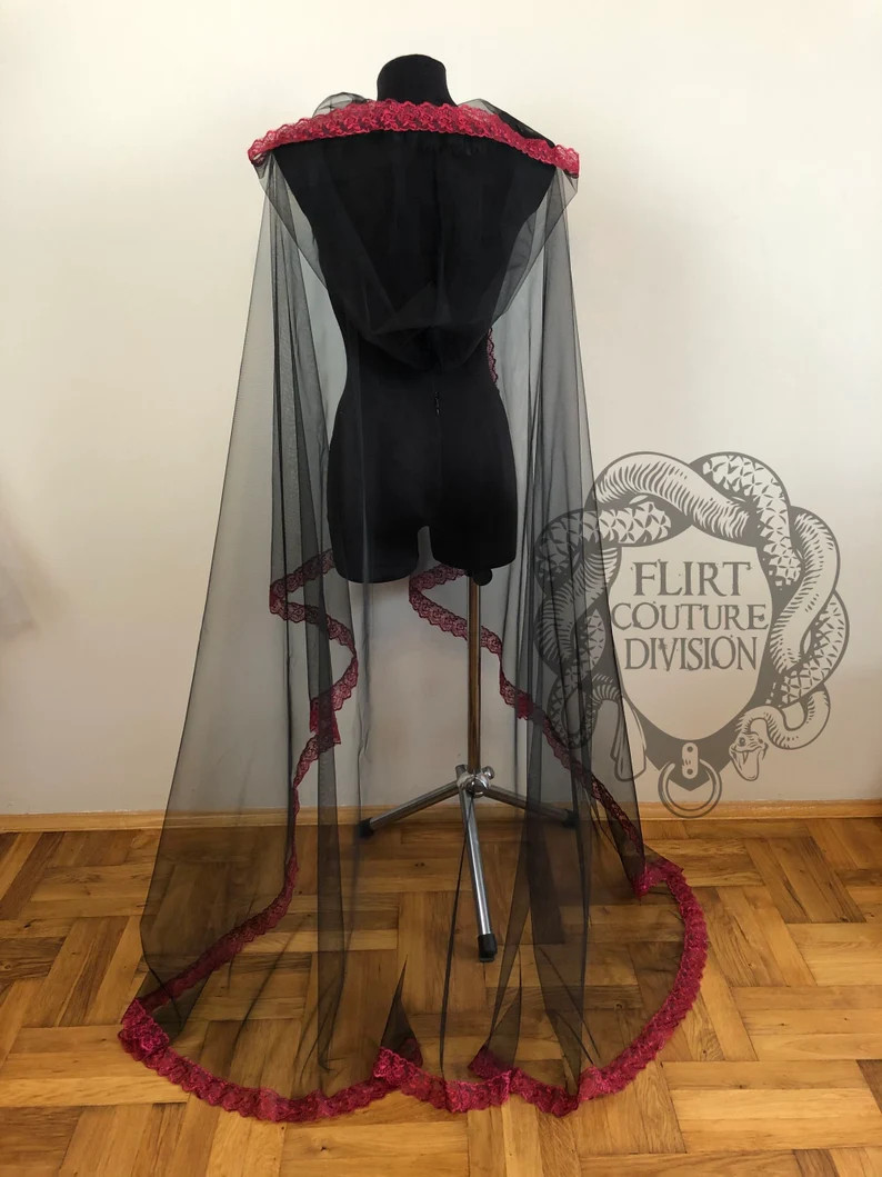 Black Tulle Hooded Cape, Rose Edged Lace Scalloping, Ethereal Lace Cape, Burgundy Tulle Cape, Red... | Etsy (US)