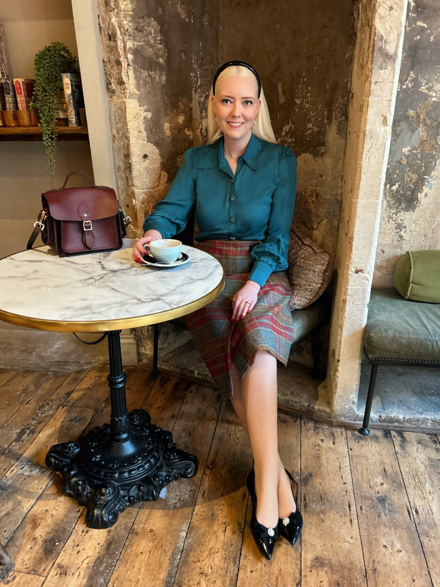 A Scottish look in honour of Burns Night! Wearing the beautiful LK Bennett Sonya Blouse in Teal, a wool kilt by Celtic & Co, black patent Hairband by H&M and pointed black suede flats by Pretty Ballerinas. Moonstone and rose gold drop earrings by Auree Jewellery. The finishing touch is my Traveller Bag in Oxblood by Cambridge Satchel Co. 

#LTKuk #LTKeurope #LTKwinter
