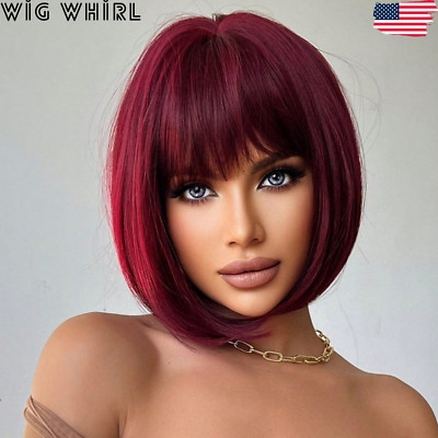 Wig Whirl Wine-Red Short BOBO Curly Hair With Full Bangs Woven Chemical 12 Inch | eBay US