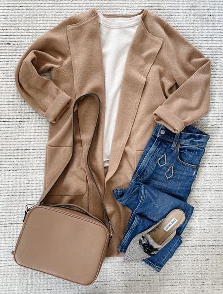Casual fall outfit with my messenger bag, J.Crew collarless sweater blazer, plaid mules and more! This would be perfect for smart casual work attire too!

#LTKworkwear #LTKstyletip