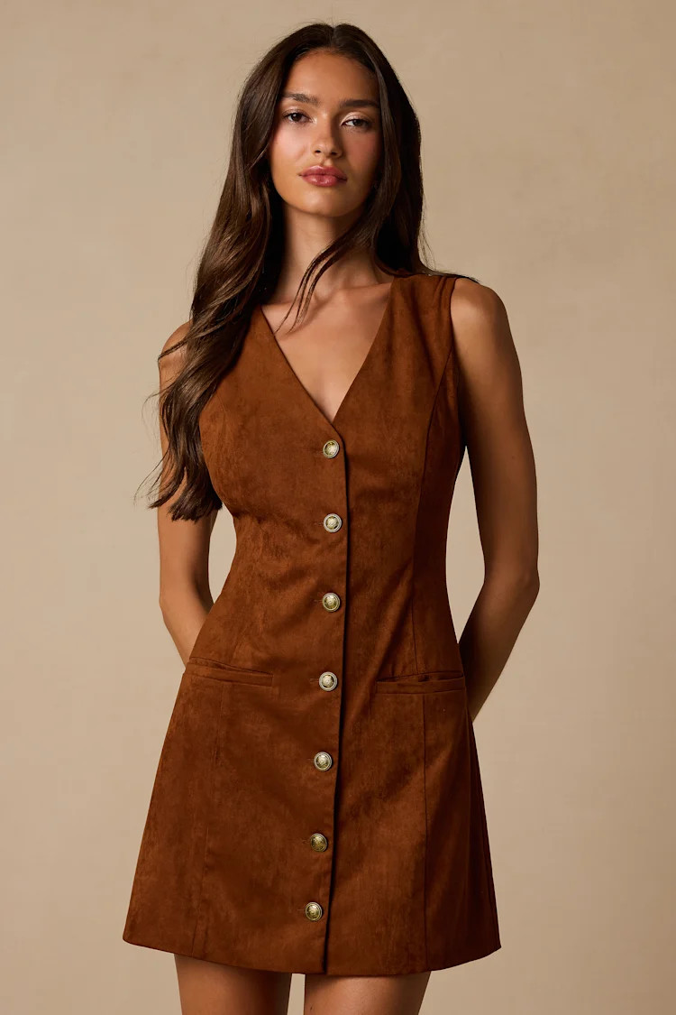Danny Rust Brown Suede Button-Front Mini Dress | Lulus