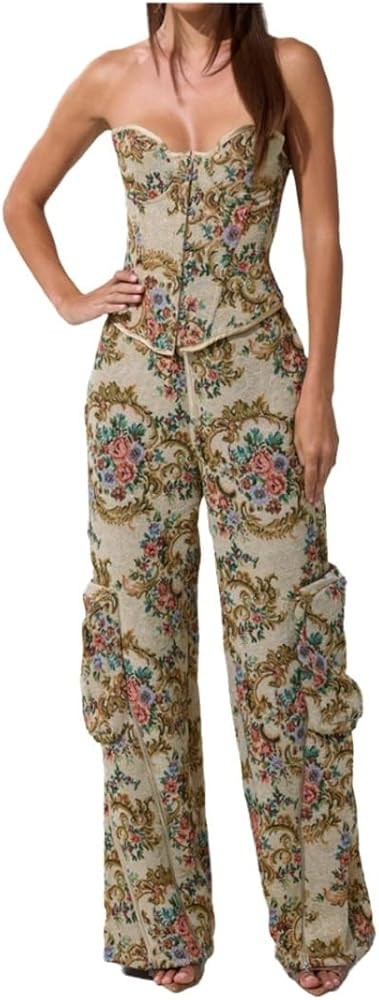 Wuitrie Women's Bohemian Floral Print 2 Piece Set Boned Bustier Top Utility Pants Fall Sexy Going... | Amazon (US)