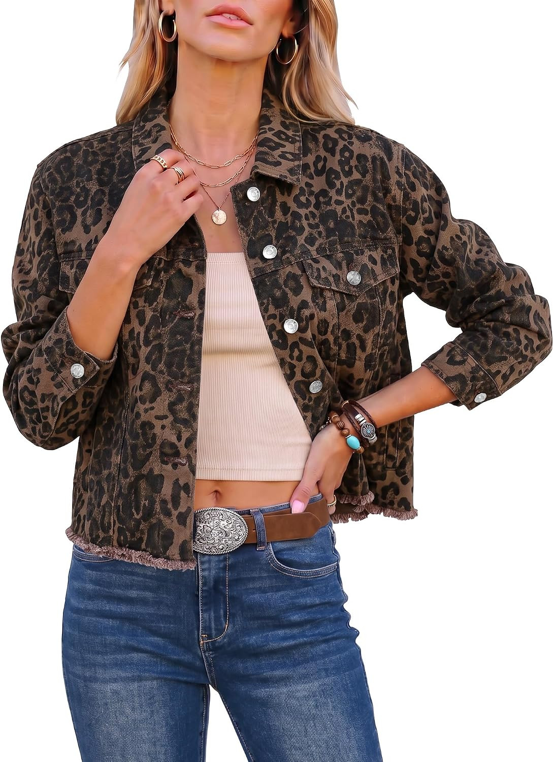 luvamia Women Leopard Cheetah Print Jackets Stretchy Frayed Hem Jean Jacket | Amazon (US)