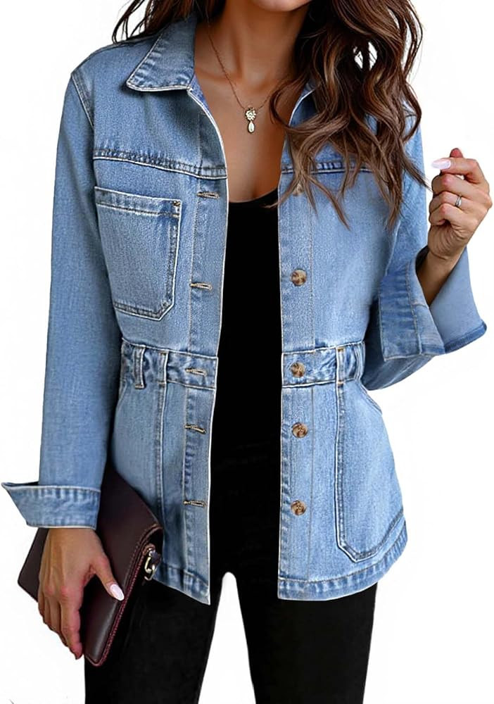 Tankaneo Denim Jacket for Women Distressed Jean Jacket Button Down Oversized Shacket with Pockets... | Amazon (US)