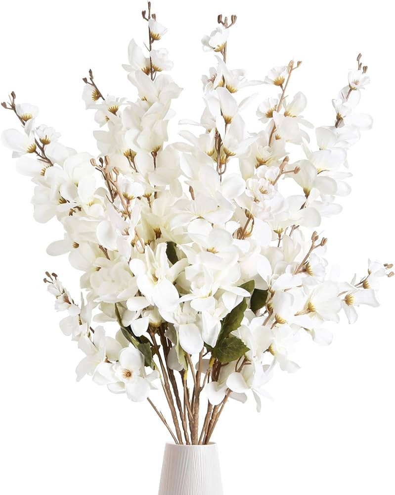 6PCS White Delphinium Artificial Flower Lifelike Larkspur Silk Flowers Plant 35.43'' Long Stem Bl... | Amazon (US)