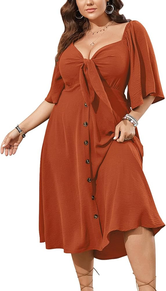 SCOMCHIC Plus Size Summer Dress Casual Short Sleeve Bow Tie Deep V Neck Smocked Button Down Midi ... | Amazon (US)
