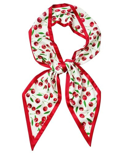 Mesovor Cherry Head Scarf Hair Neck Scarves for Women, Silky Scarf for Purse Bag Handbags | Satin Skinny Scarf Headbands for Country Concert Western Outfits (Cherry (White)) | Amazon (US)