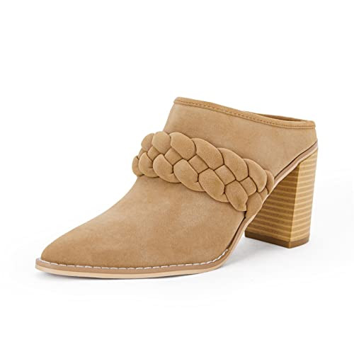 Womens Chunky Block Heel Mules Braided Strap Backless Booties Slip On Closed Pointed Toe Shoes | Amazon (US)