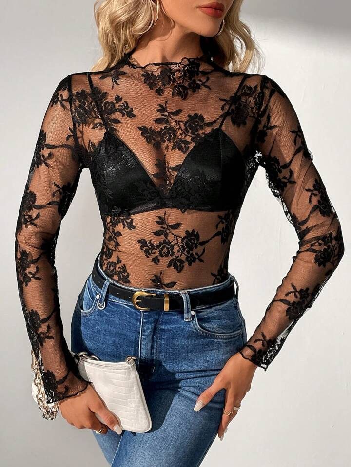 SHEIN Tall Women's Lettuce-Edge Lace Top | SHEIN