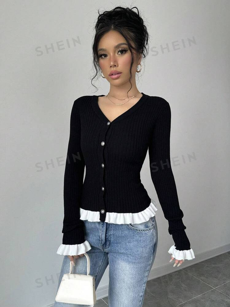 SHEIN Elenzya Women's Autumn/Winter Contrast Color Ruffled Cuff Knit Cardigan | SHEIN