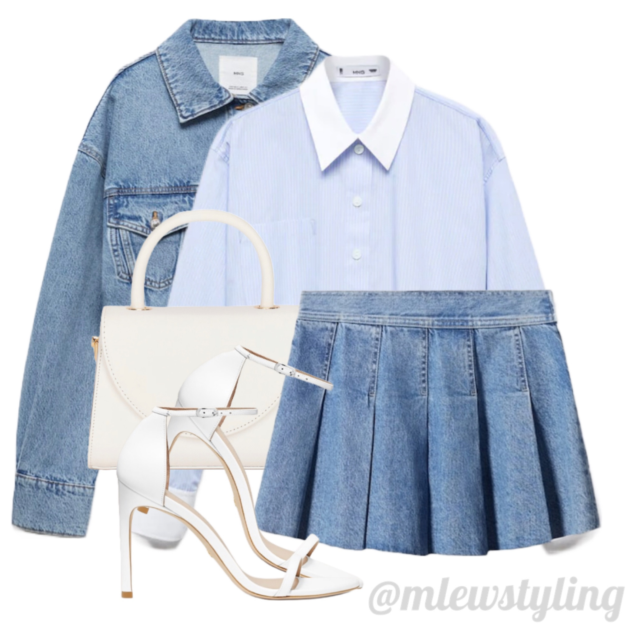 Double denim fall outfit with a cropped dress shirt, pleated denim skirt, and crop jean jacket, all from Mango! And Mango has a 30% off sale on now :)

Tags: fall fashion, Stuart weitzman nudist white sandals, white purse from revolve, outfit ideas, back to school, style inspo 

#LTKSeasonal #LTKsalealert #LTKSale
