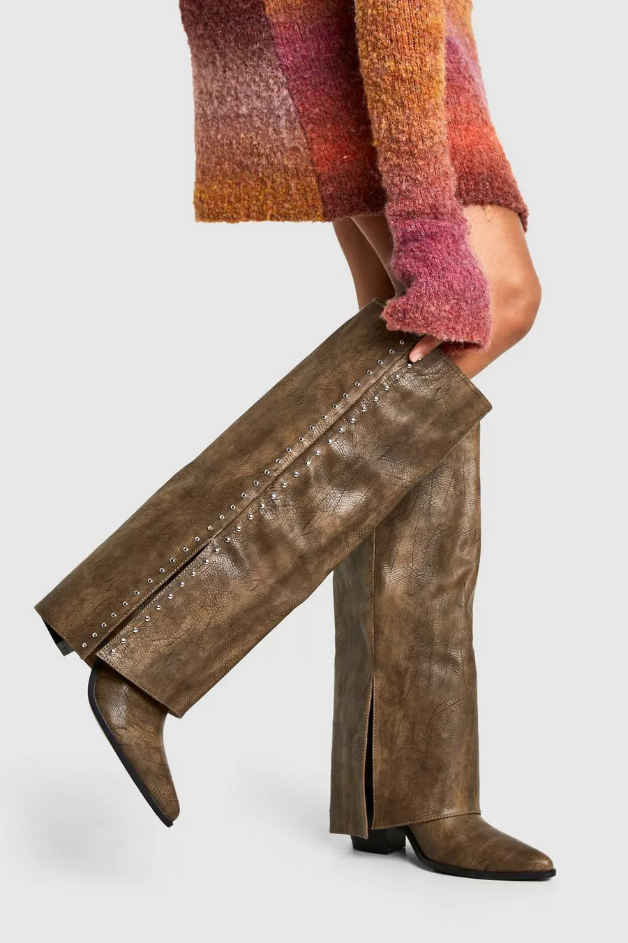 Studded Detail Fold Over Distressed Western Boot | Boohoo.com (UK & IE)