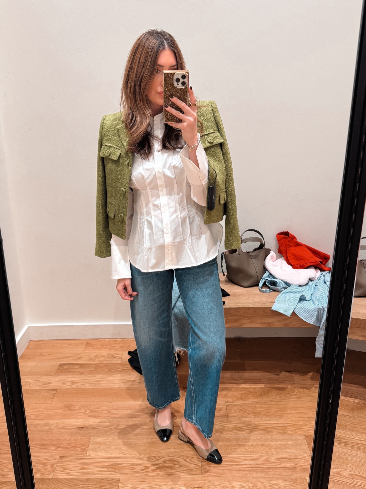 Size 8 in jacket, size 6 in shirt, size 26 in jeans 

@jcrew ￼