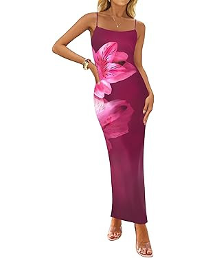 ZESICA Women’s Summer Bodycon Maxi Dresses 2025 Floral Spaghetti Strap Square Neck Sleeveless B... | Amazon (US)