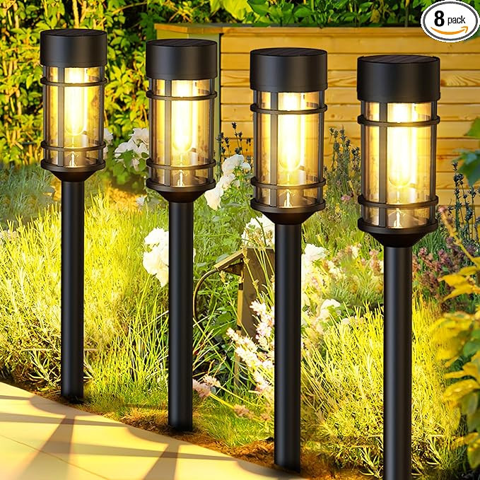 ILANCK Solar Lights Outdoor Waterproof, 8 Pack 21" Solar Pathway Lights with Metal & Glass, Auto ... | Amazon (US)