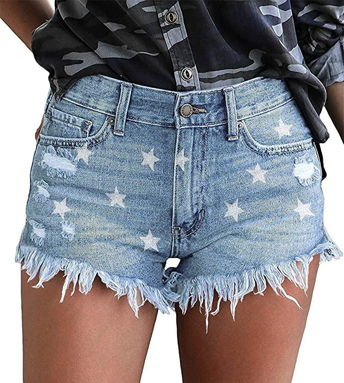 onlypuff Womens Casual Ripped Mid Waisted Denim Shorts with Pockets | Amazon (US)