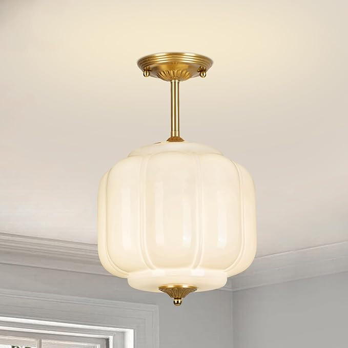 9.4" Milk Glass Semi Flush Mount Ceiling Light Fixture, Vintage Gold Ceiling Lamp for Hallway, Ki... | Amazon (CA)