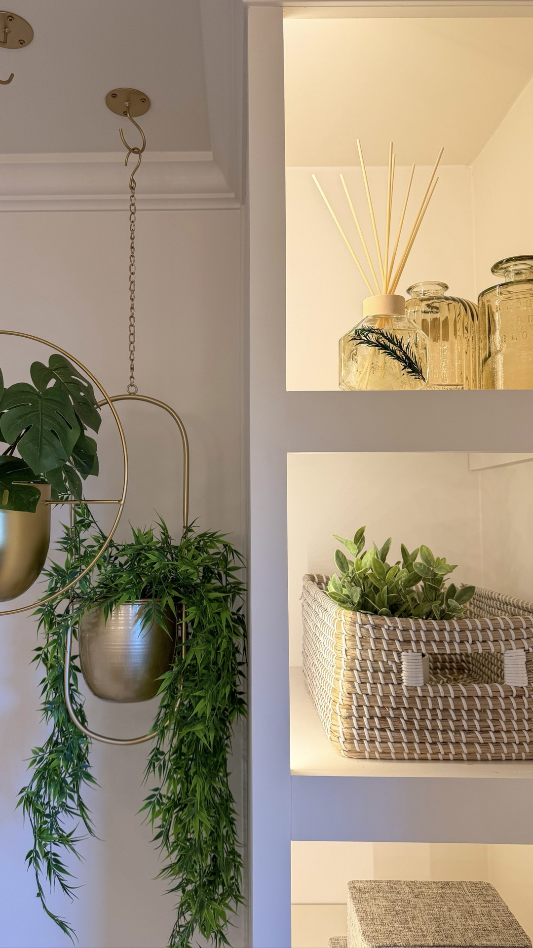 The perfect corner for both the pretty and practical.

These built-in, lighted cubbies turn an overlooked wall into a beautiful display with a purpose—keeping everyday items within reach while making room for the decorative details, too. 

And those hanging planters? One of our favorite ways to add a little greenery and interest without giving up an inch of floor or counter space.

#LTKHome