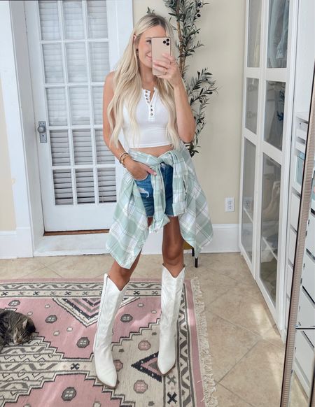 White cowboy boots flannel look