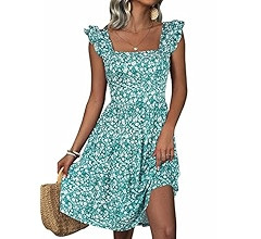 Loemes Summer Casual Cute Floral Flowy Square Neck Sundressses with Pocket Beach Dress for Women ... | Amazon (US)
